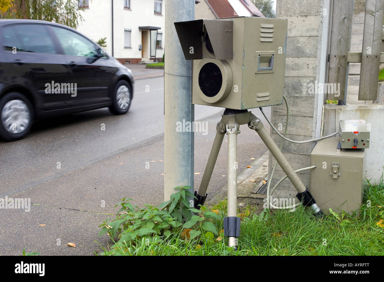 Traffic enforcement - speed camera, radar trap on the side of the road Stock Photo