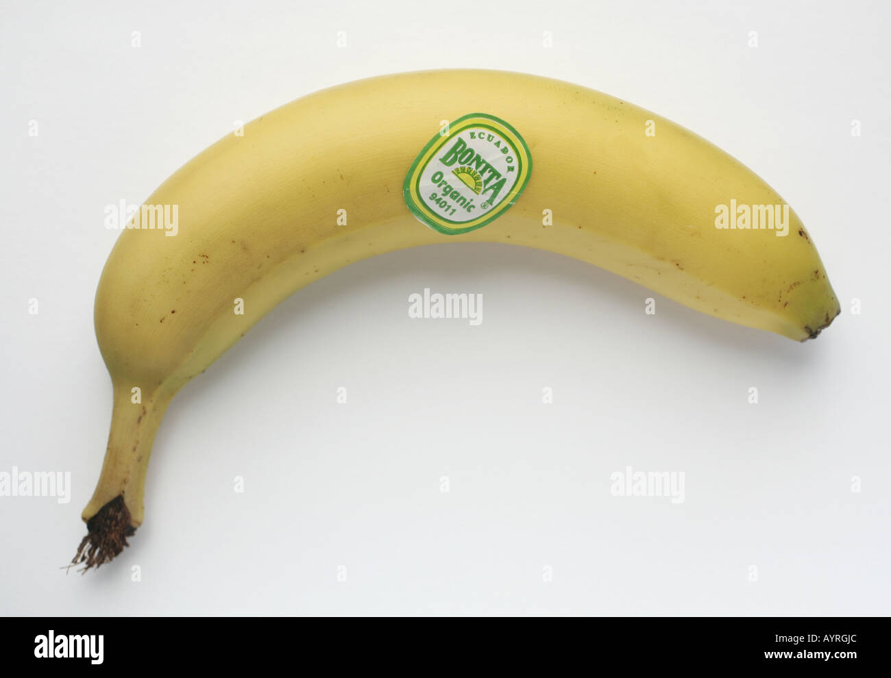 one organic banana with label Stock Photo