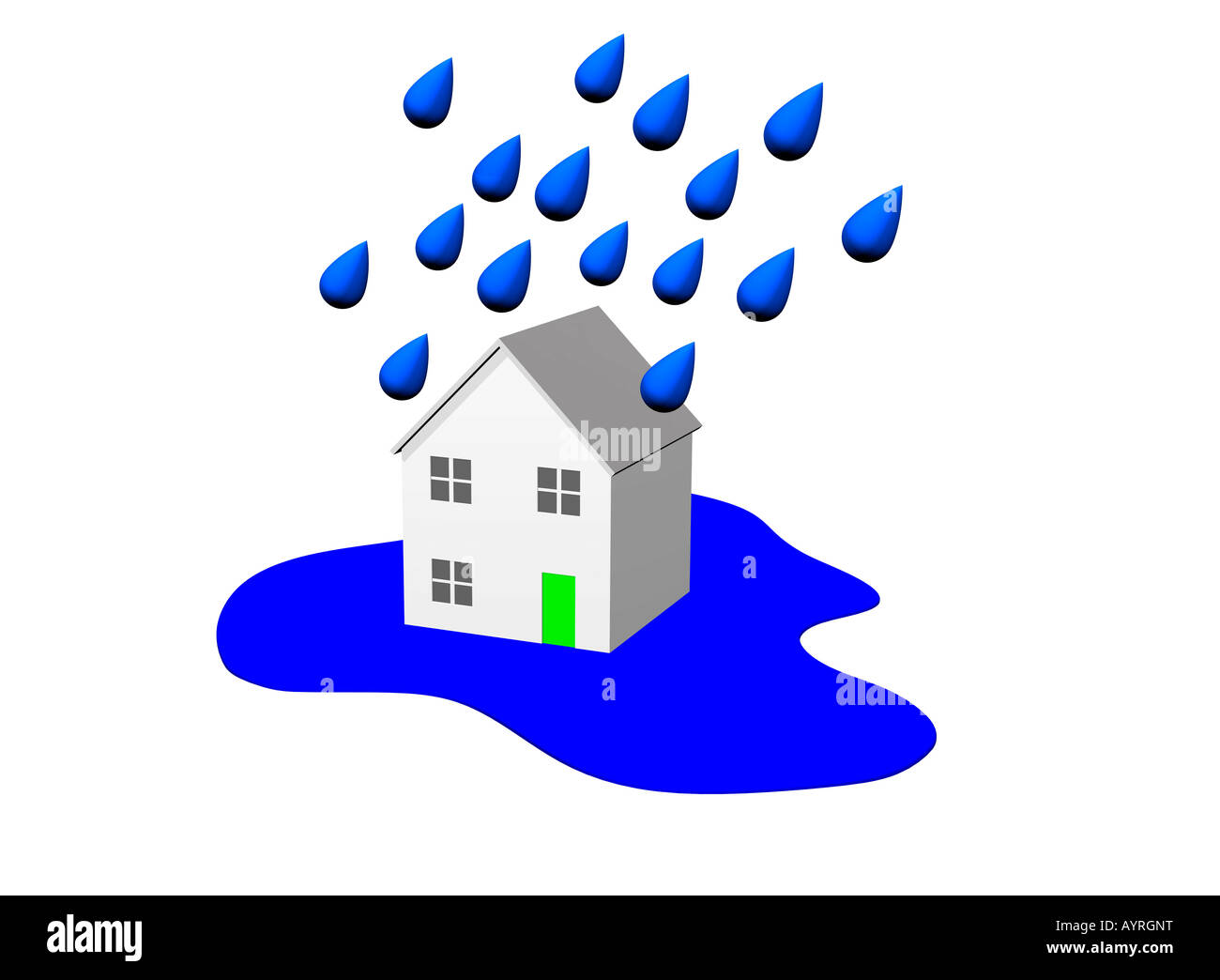House in puddle with rain drops falling Stock Photo