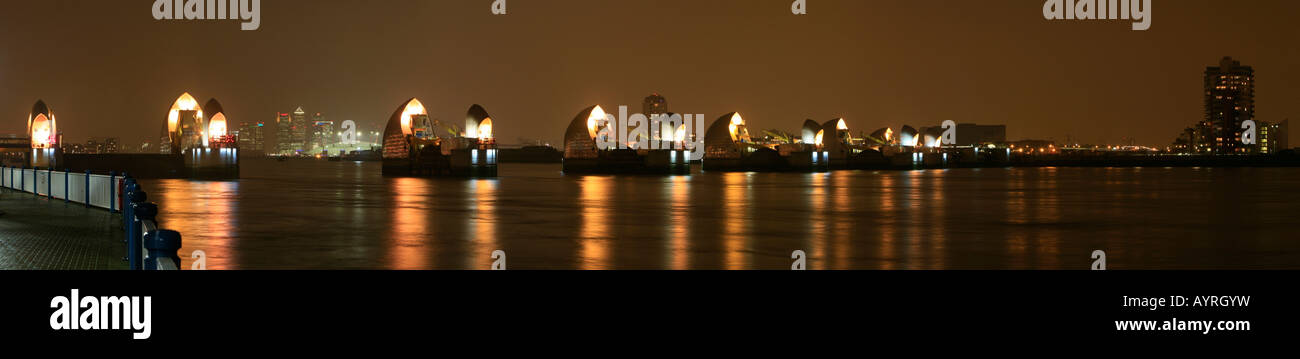 Panoramic view of the Thames Barrier, protecting the city from the storm tides, Greenwich, London, England, UK Stock Photo