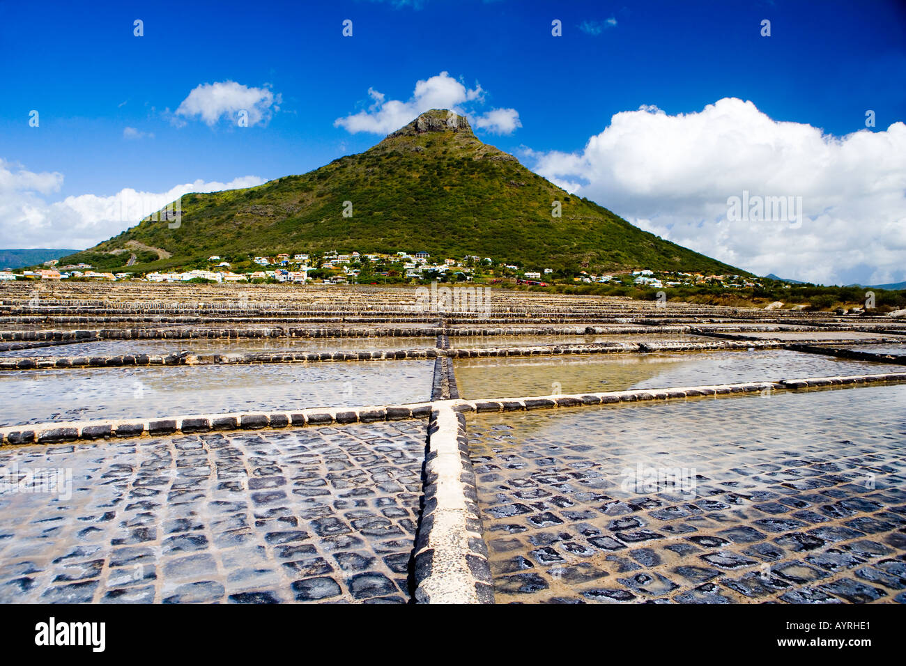 Mauritius Salt evaporation tanks. Salt production process Stock Photo