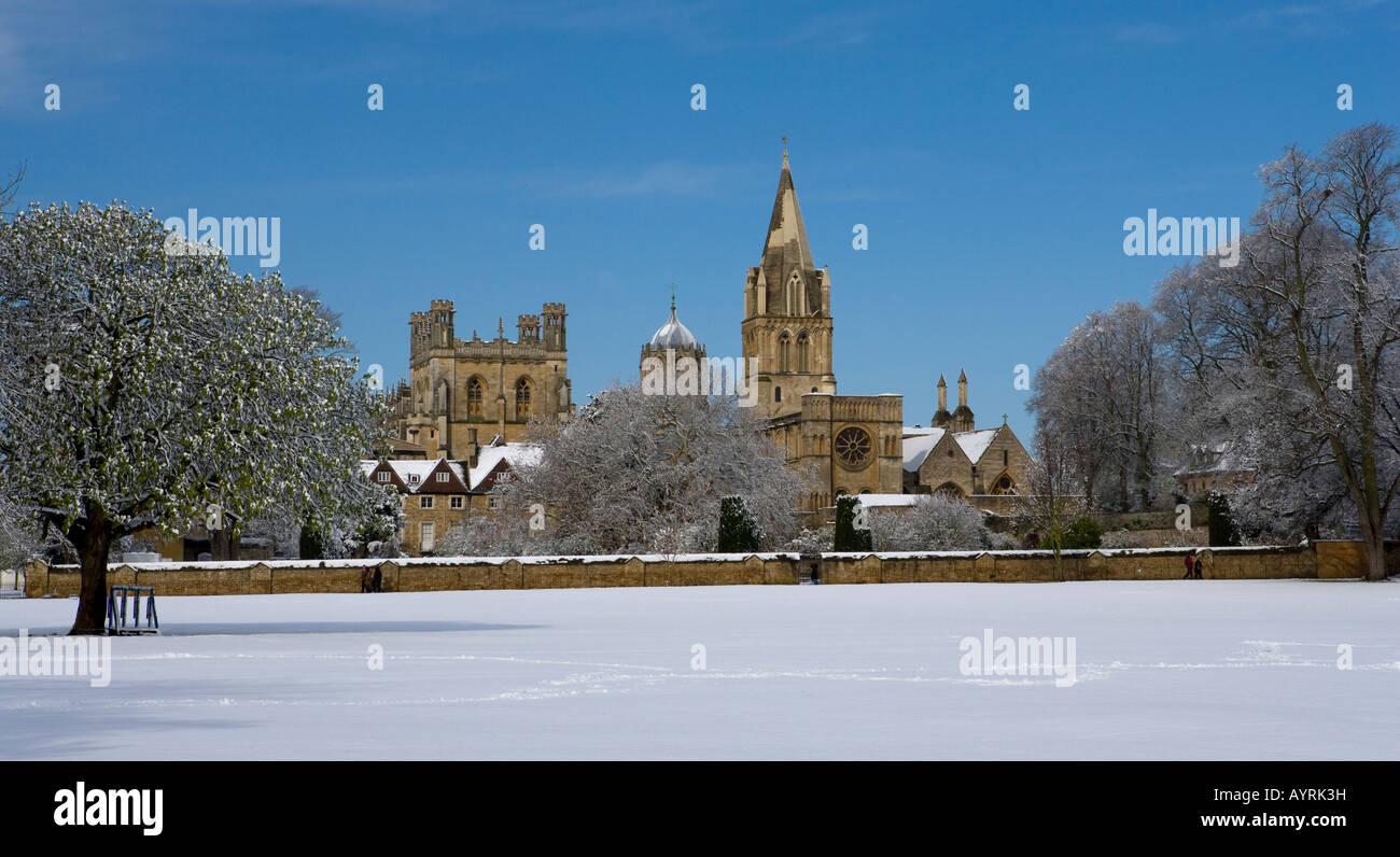 Christchurch college and cathedral in winter snow,oxford,england Stock Photo
