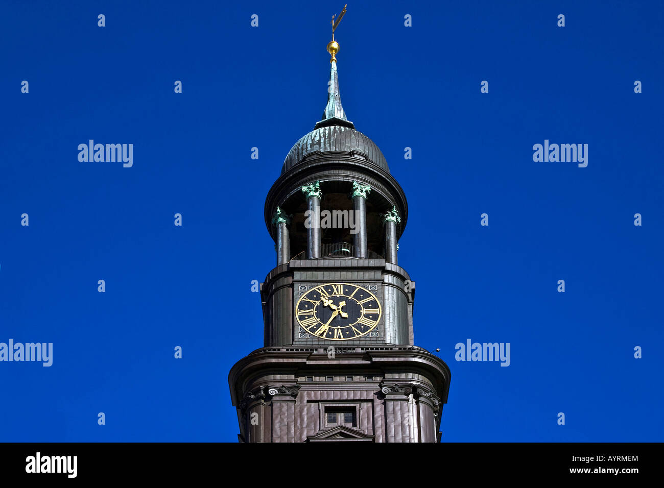 Top of the tower and clock of the St. Michaelis Church, Hamburg, Germany, Europe Stock Photo