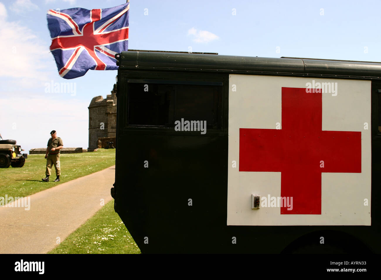 Military red cross van at Pendennis Castle Cornwall for VE Day aniversary celebrations summer 2005 Stock Photo