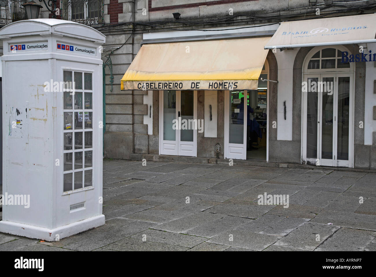 White telephone box in Prace de Republica Viana do Castelo Portugal Stock Photo