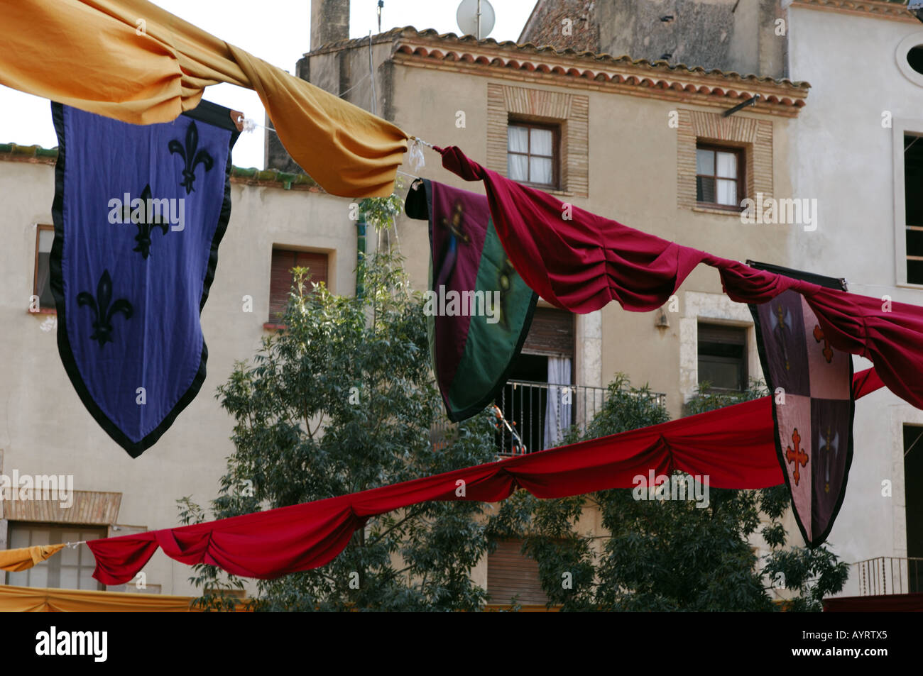 street decorations in spain Spanish celebrations at the medieval festival  re-enactments at the festival terra des troubadors castello d'empuries  giron Stock Photo - Alamy