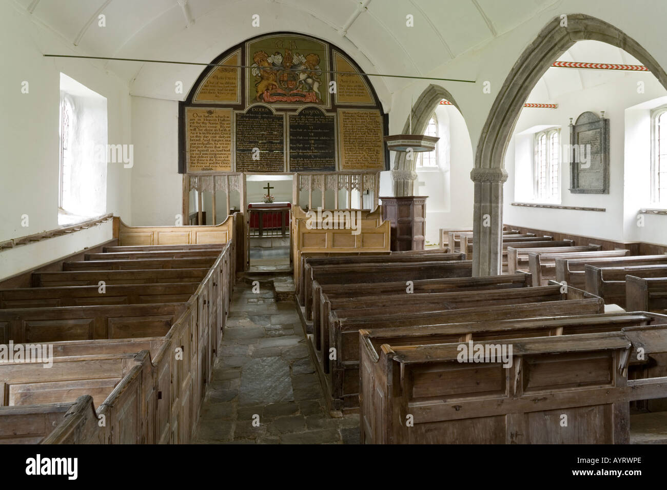 The 18th century pews and interior of the old church of St Petrock (Petroc) at Parracombe, Exmoor, Devon UK Stock Photo