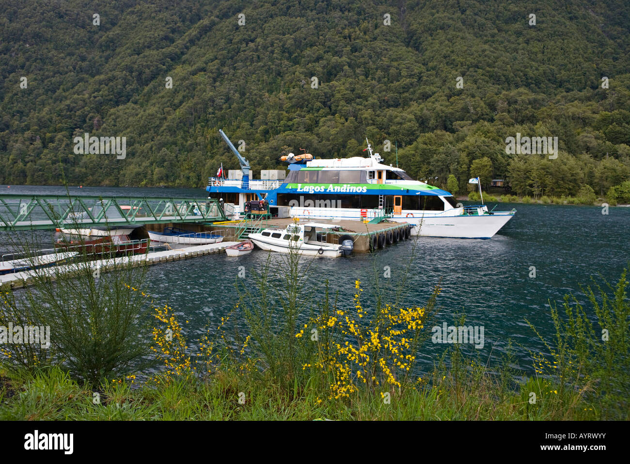 Excursion boat, Lago Todos los Santos (All Saints' Lake), Vicente Pérez Rosales National Park, Región de los Lagos (Lake Region Stock Photo