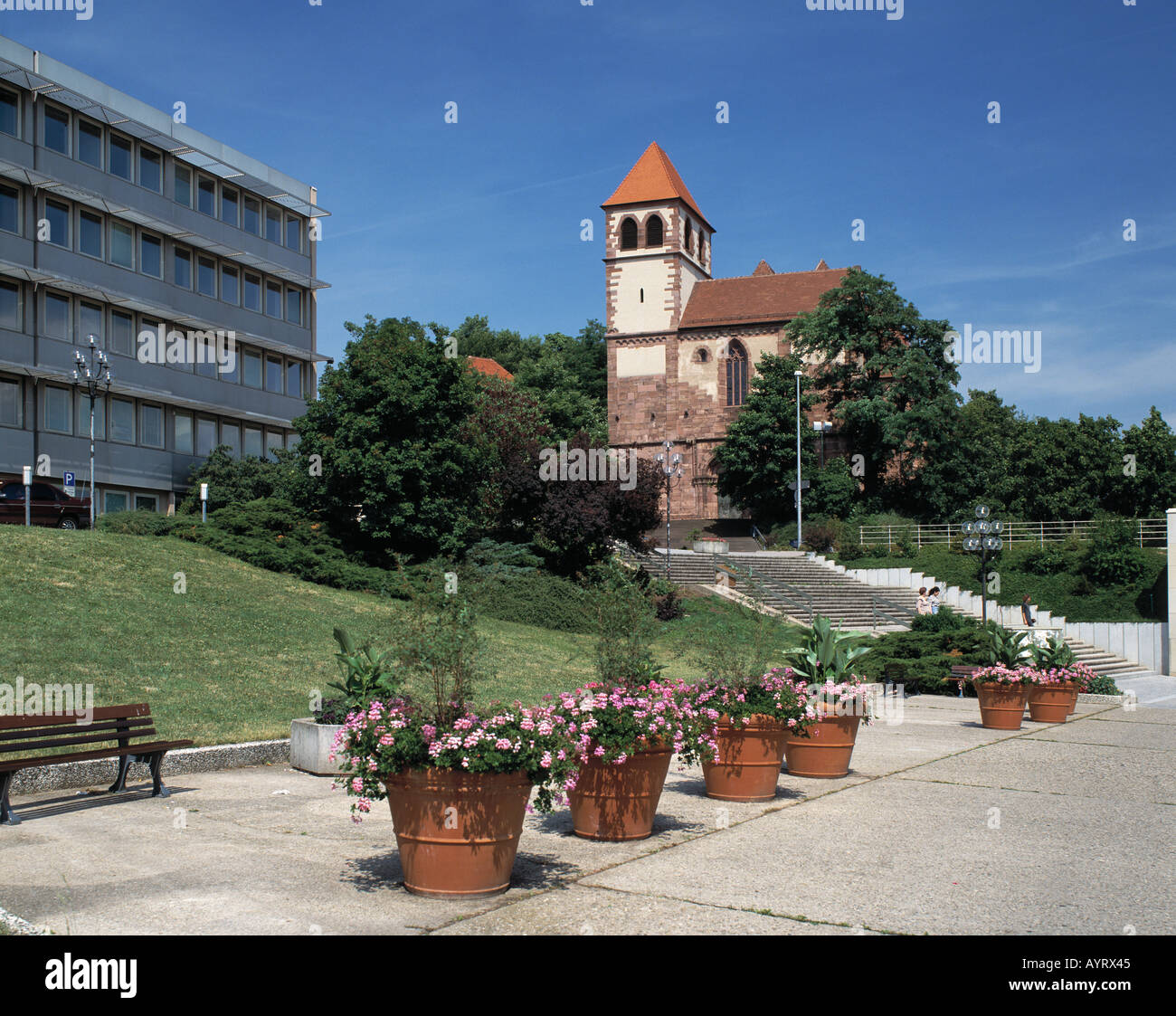 Kirche Sankt Michael, romanisch, gotisch, Blumentoepfe, Blumenkuebel, Blumenarrangements, Pforzheim, Enz, Schwarzwald, Baden-Wuerttemberg Stock Photo
