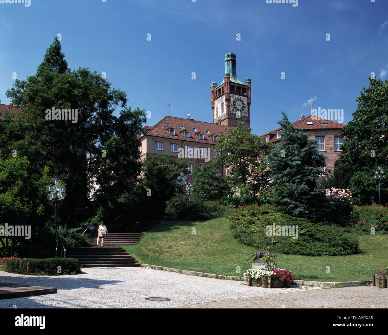 Turm des Bezirksamtes, Bezirksamtsturm, Parkanlage, Steintreppe, Pforzheim, Enz, Schwarzwald, Baden-Wuerttemberg Stock Photo