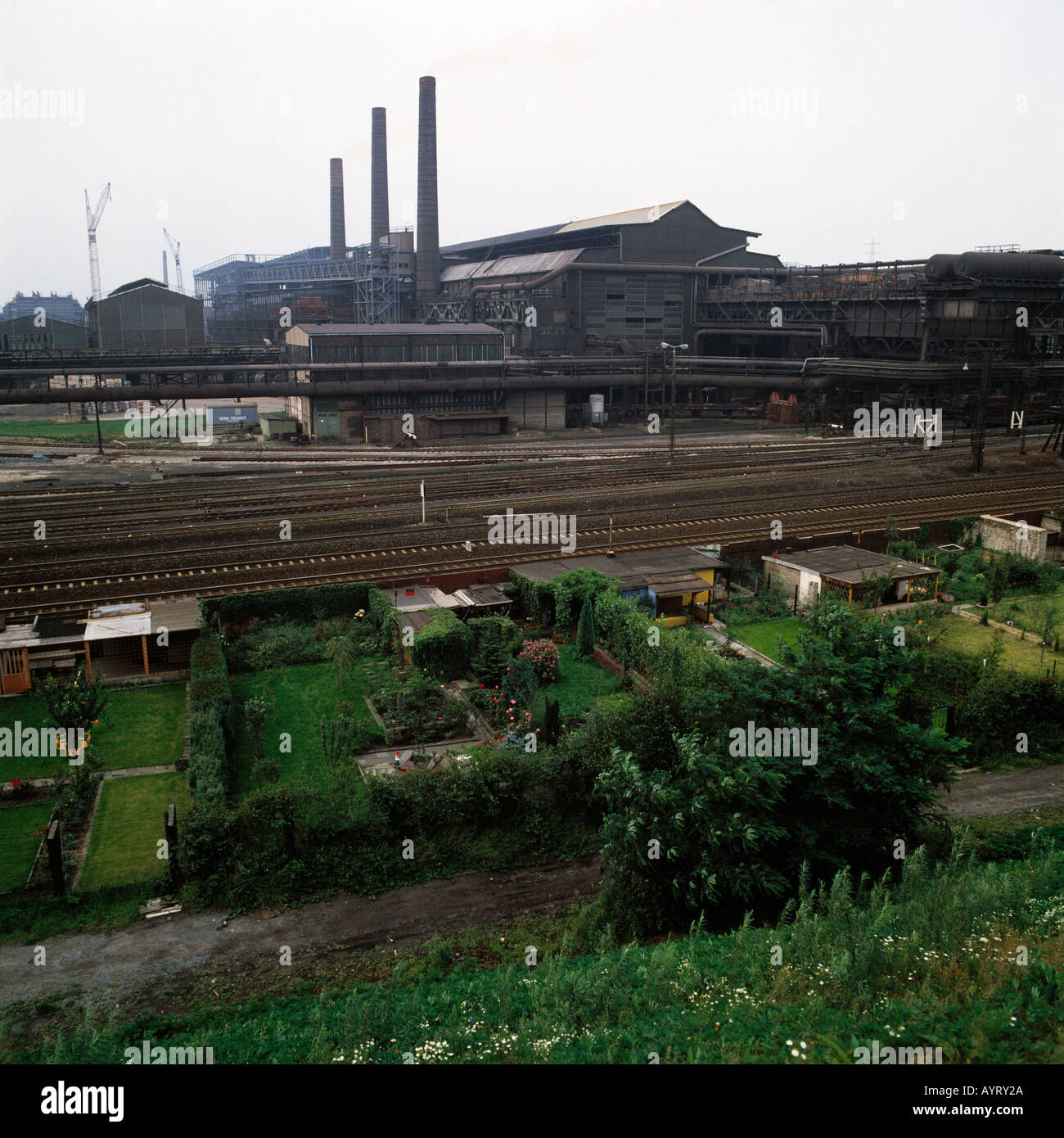 D-Oberhausen, Ruhr area, North Rhine-Westphalia, industrial landscape, steel works, Thyssen works premises, allotment gardens, arbour, arbor, bower Stock Photo