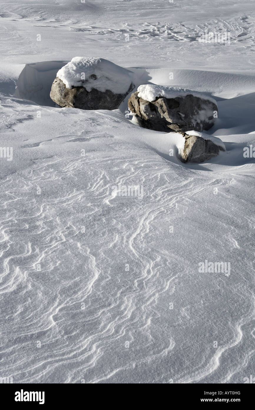 Snow drifts, rocks, Schwarzsee Pre-Alps, Kaiseregg, Freiburg Canton, Switzerland Stock Photo