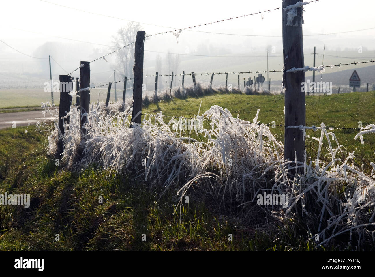 a grass verge covered with permafrost beneath a barbed wire fence surrounding a grass field in the Dordogne in france Stock Photo