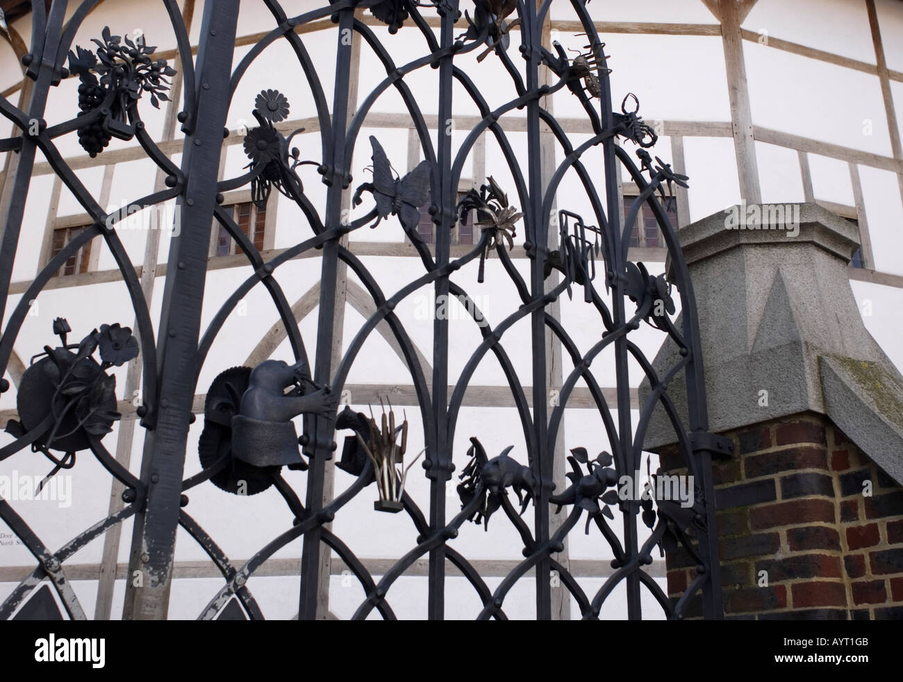 Wrought iron gate of Shakespeare's Globe Theatre, Bankside, Southwark, London, England UK Stock Photo