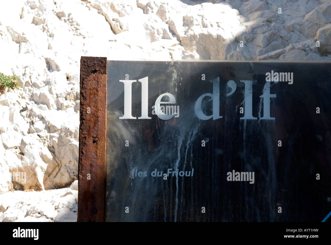 a worn sign with Ile d'IF Iles Du Frioul on it Stock Photo