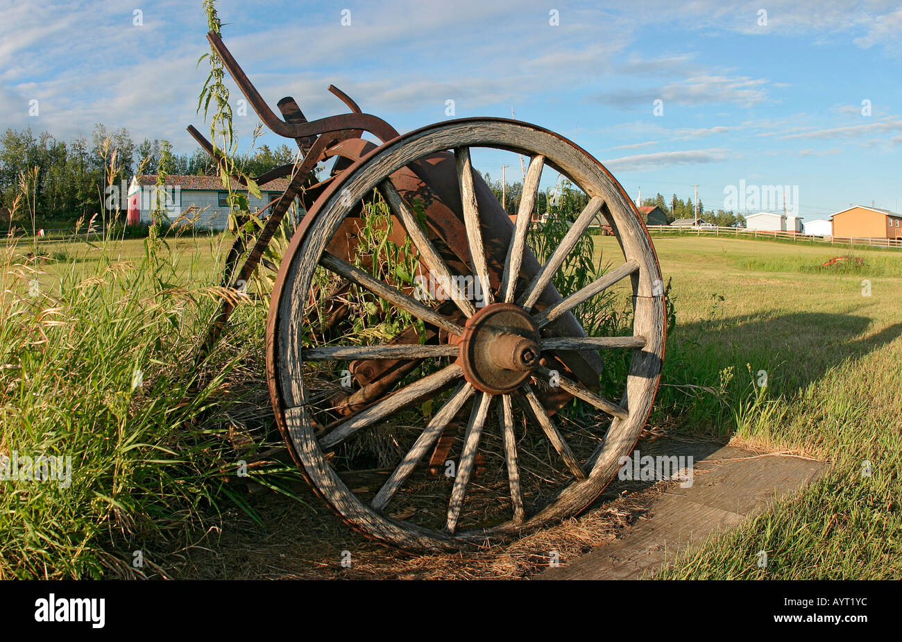 Antique road scraper in village of Tulita along MacKenzie River Stock Photo