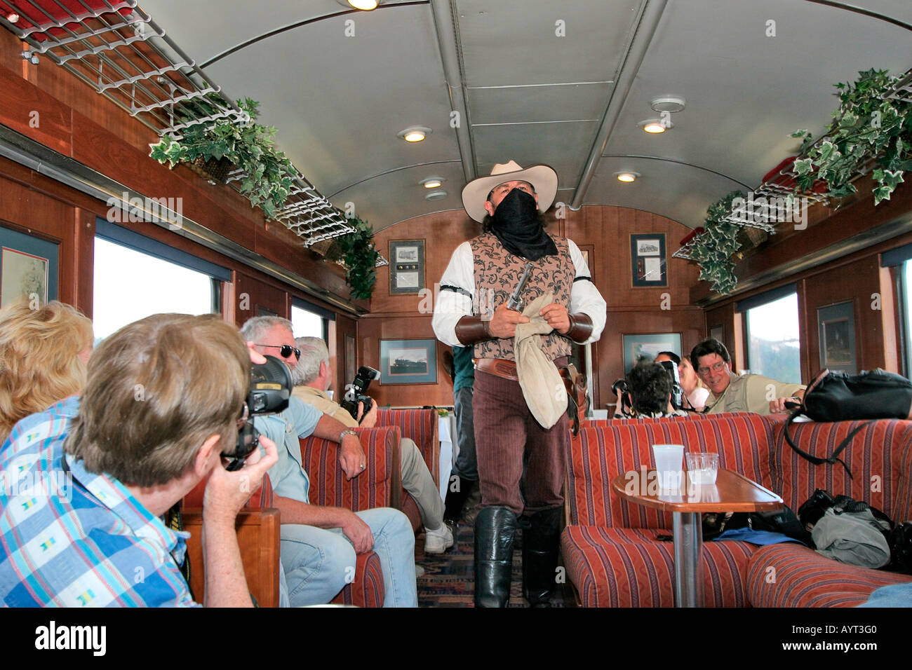 Masked gunmen in mock holdup on tourist train from Grand Canyon Stock Photo