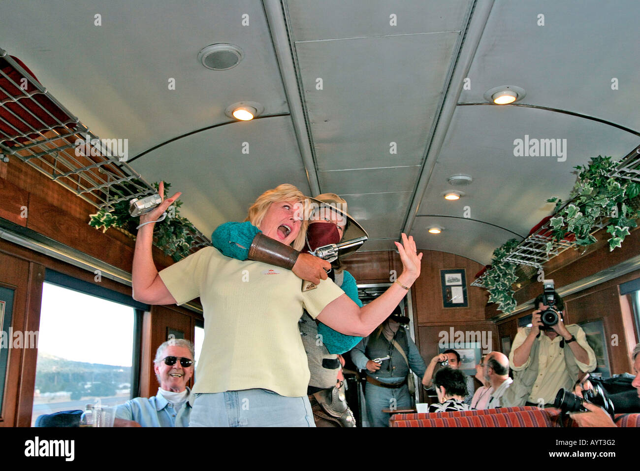 Mock holdup on tourist train from Grand Canyon Stock Photo