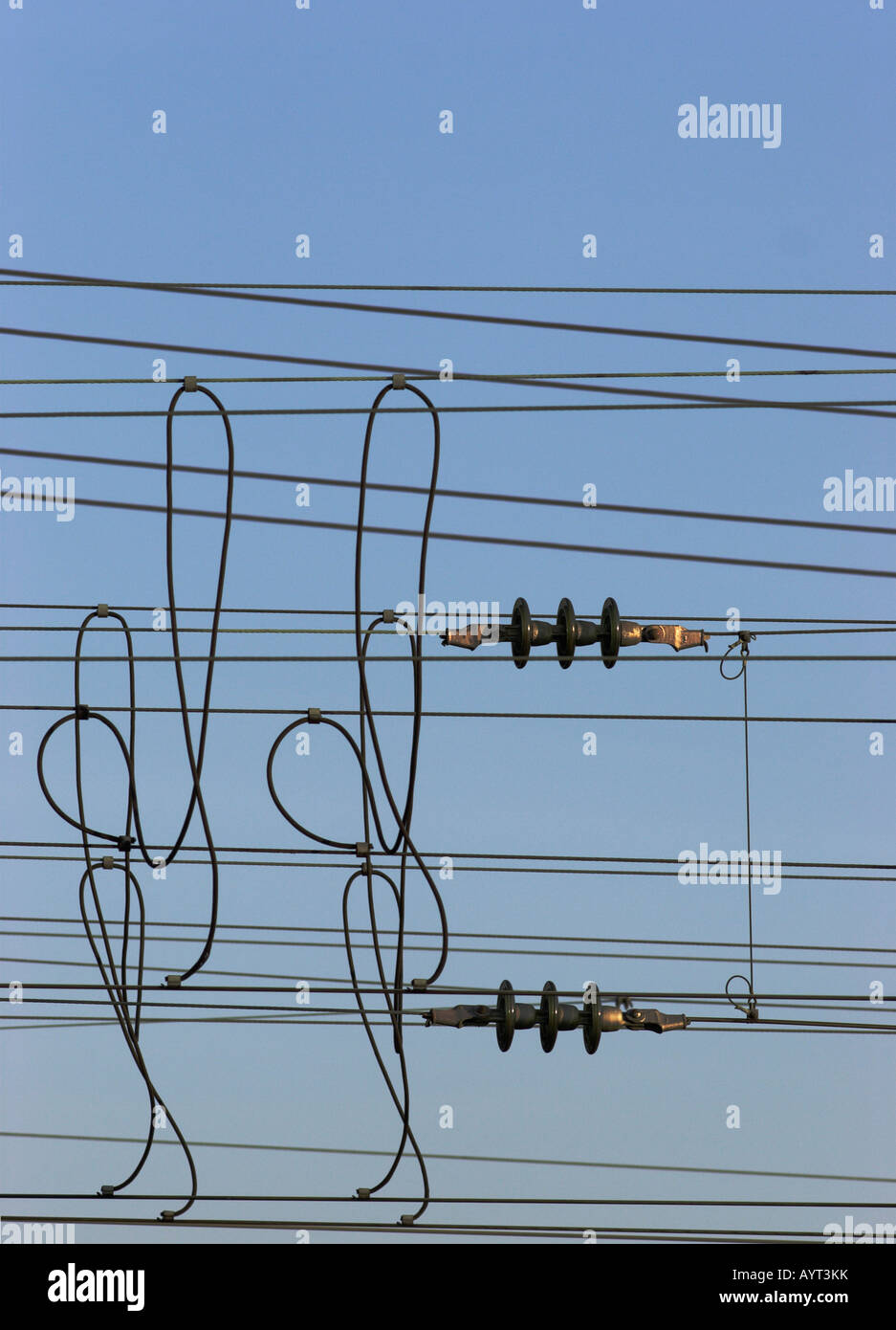 Transmission lines shaped like musical clefs, Stuttgart, Baden-Wuerttemberg, Germany Stock Photo