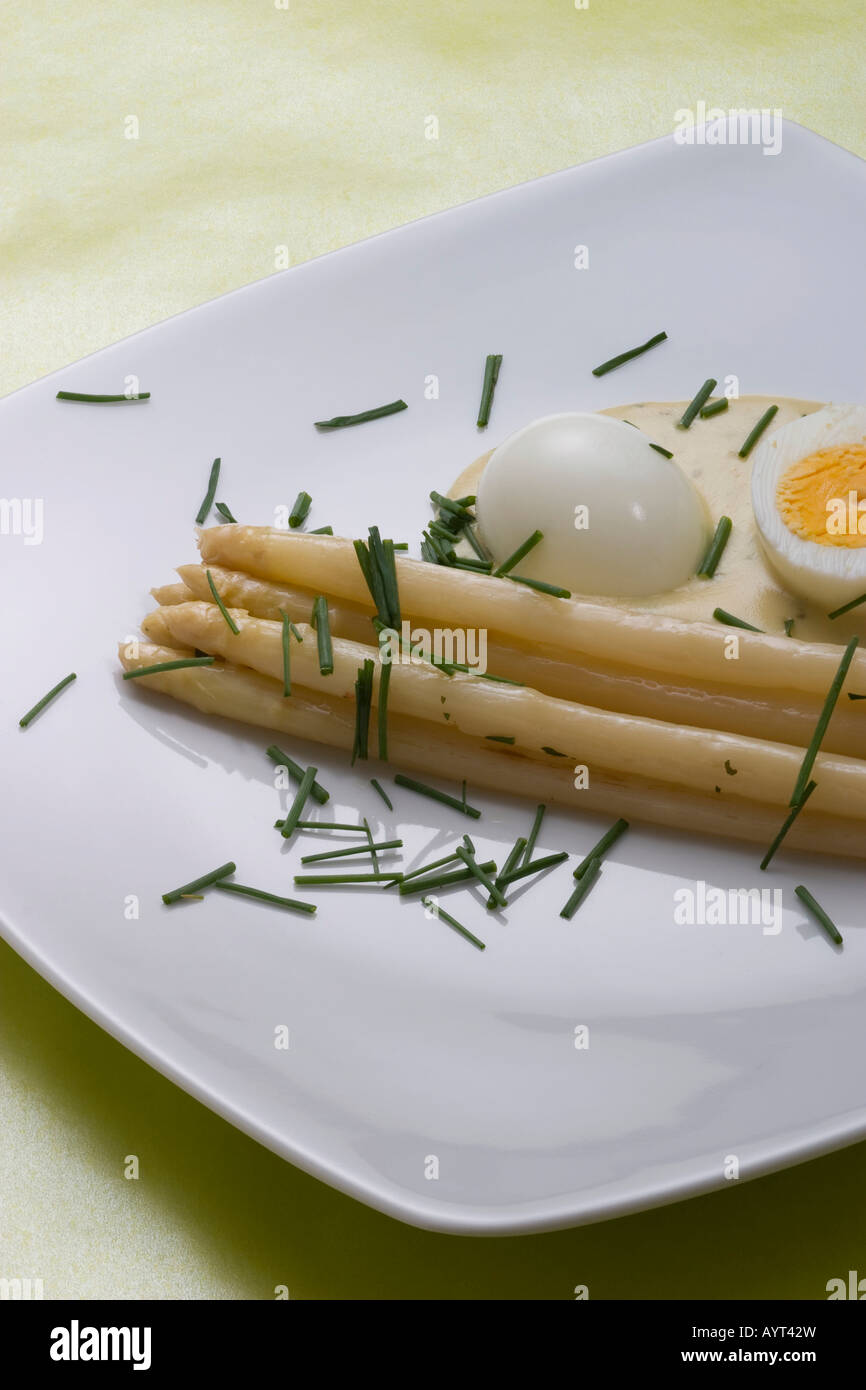 Boiled white asparagus and eggs with mustard sauce on a plate Stock Photo