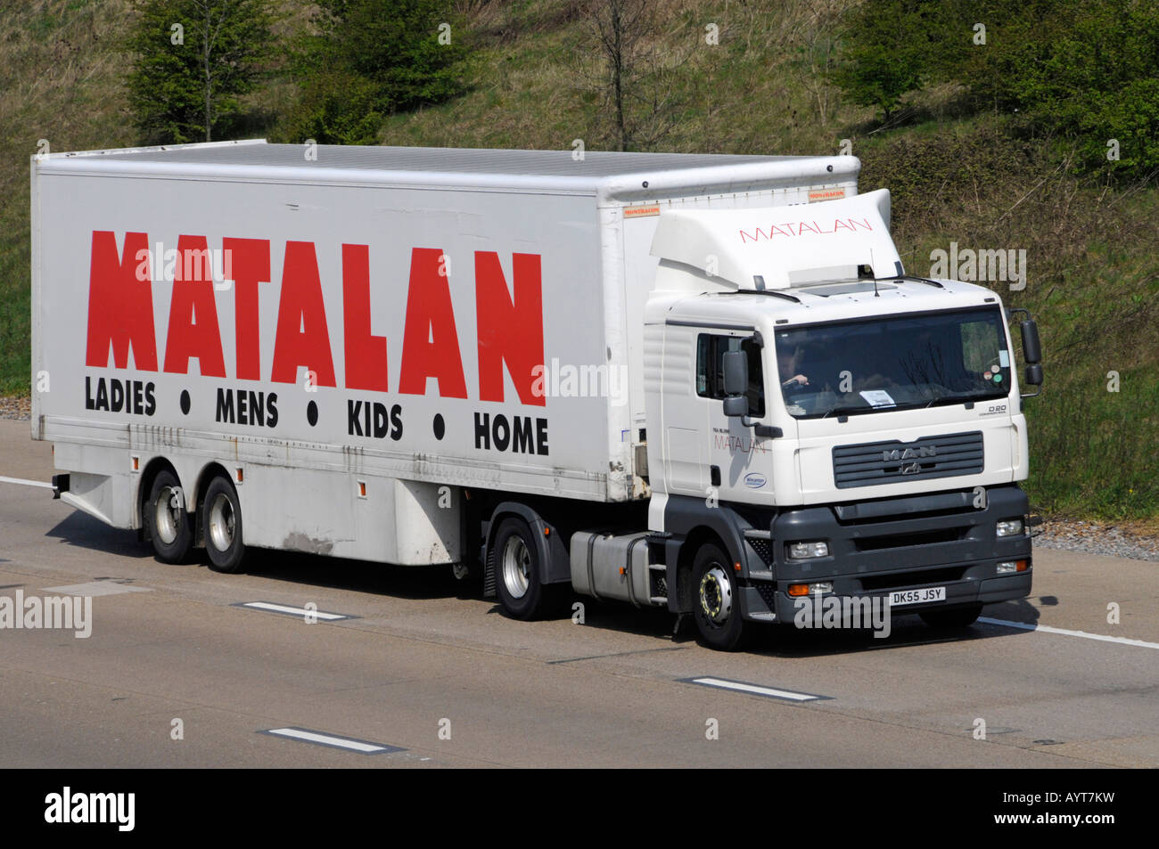 Matalan delivery lorry on M25 Motorway trailer advertising Stock Photo