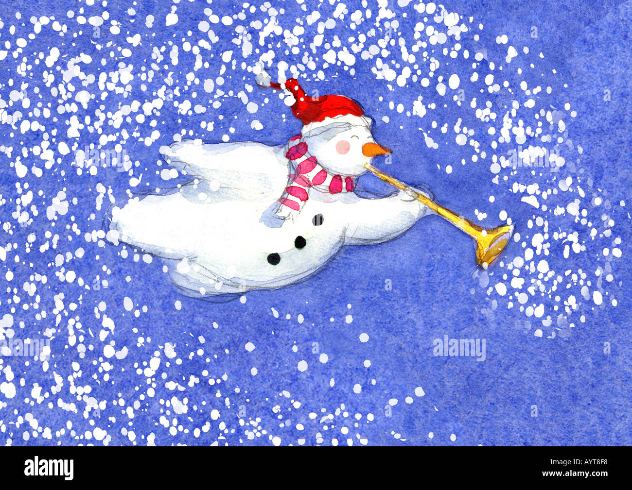 Snowman with trumpet flying in the sky Stock Photo
