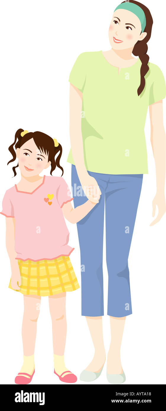 Illustration of mother and daughter holding hands Stock Photo - Alamy