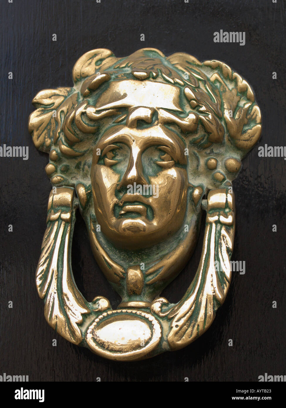 Brass door knocker against a black door in Merrion Square's