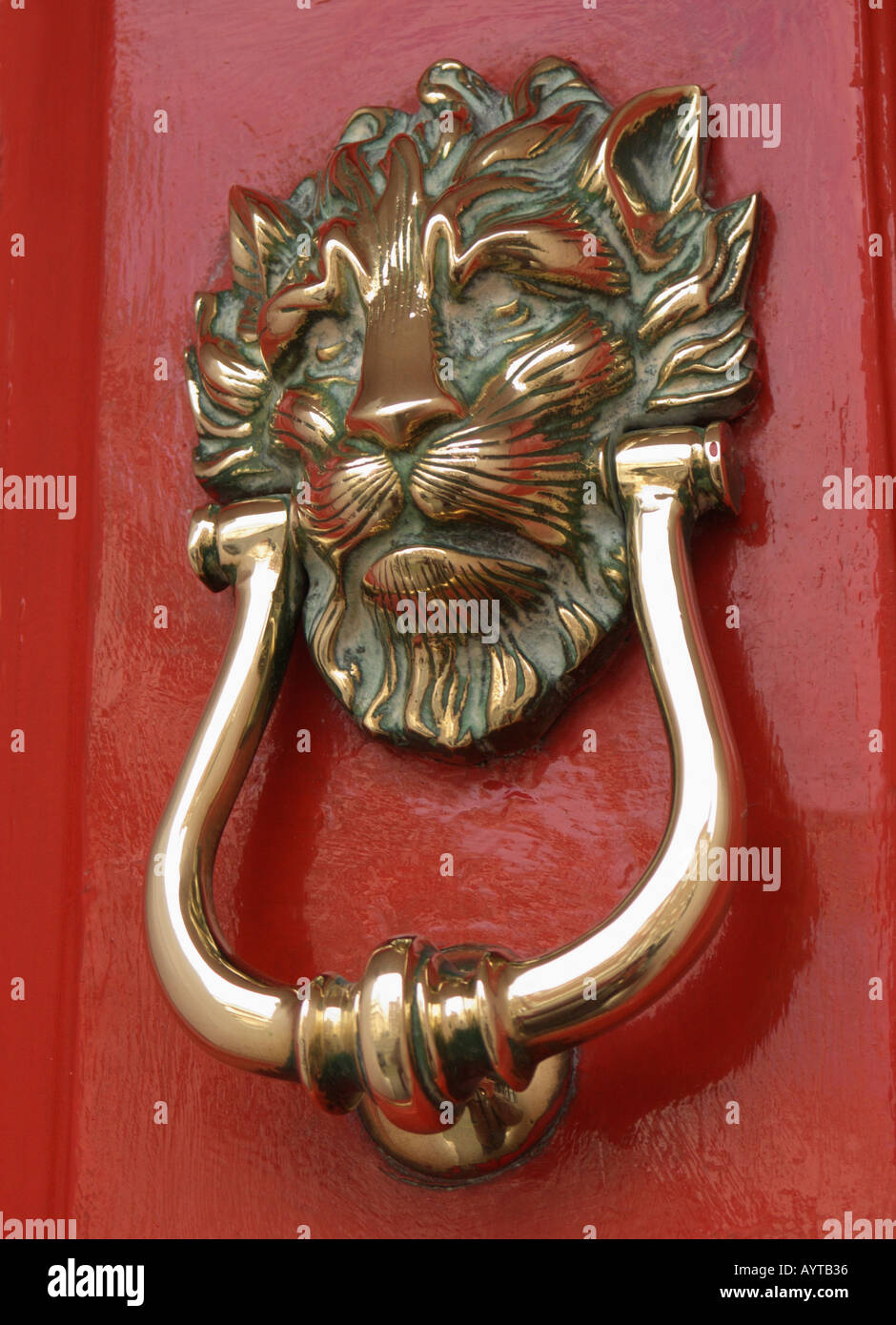 Brass door knocker against a red door in Merrion Square's