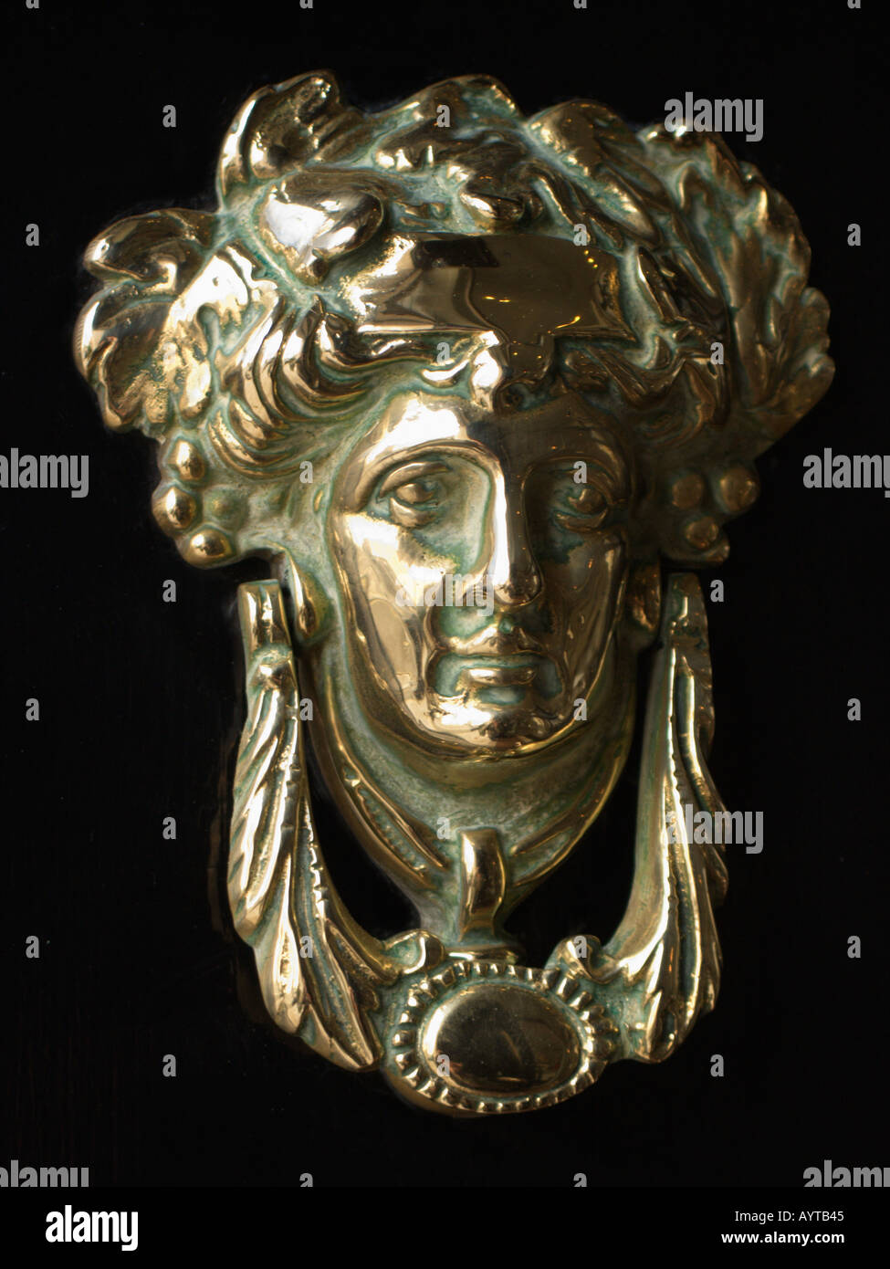 Brass door knocker against a black door in Merrion Square's