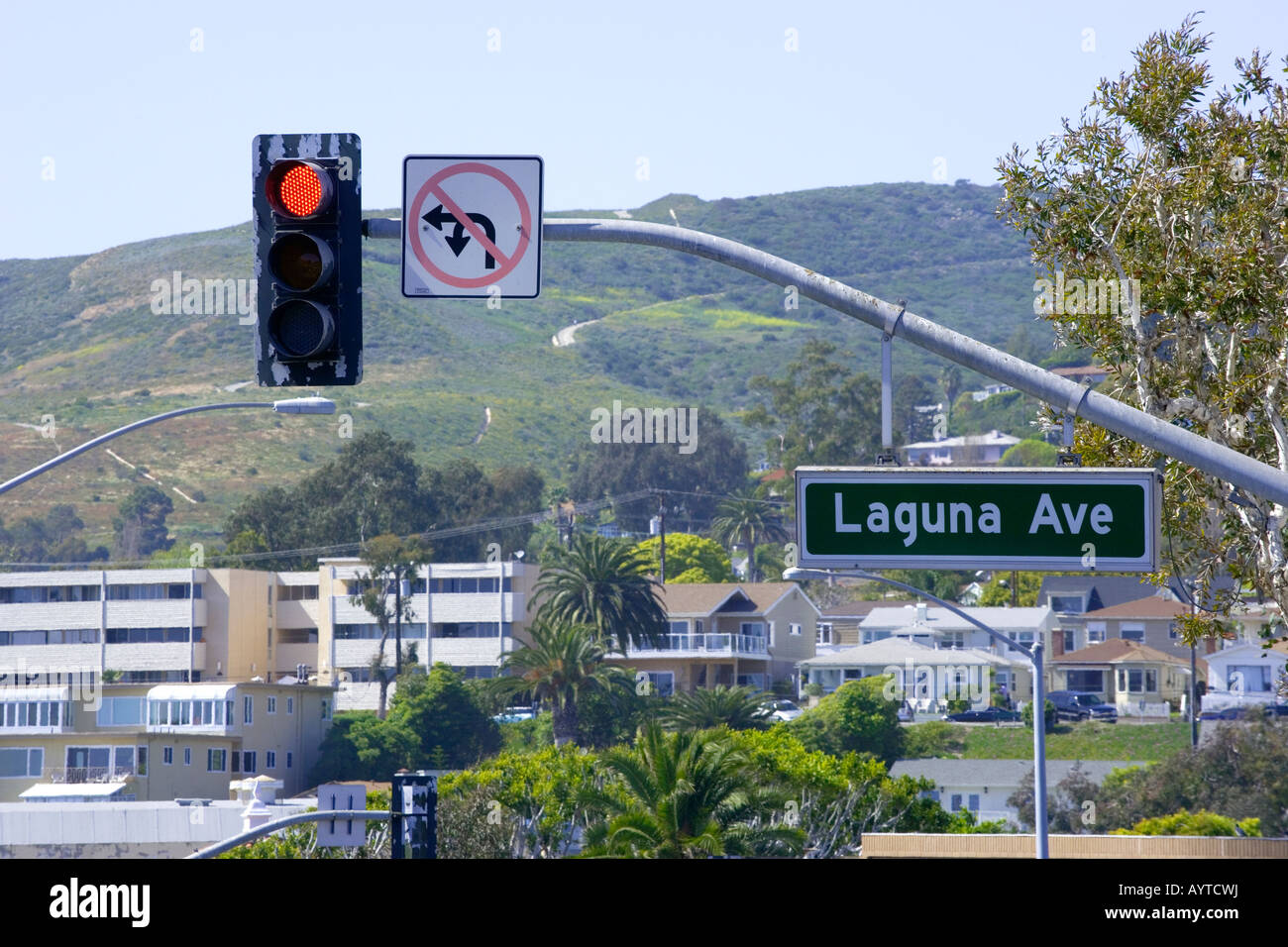 Laguna Avenue sign, signage, direction, information,overhead, traffic, traffic direction, Laguna Beach, California Stock Photo