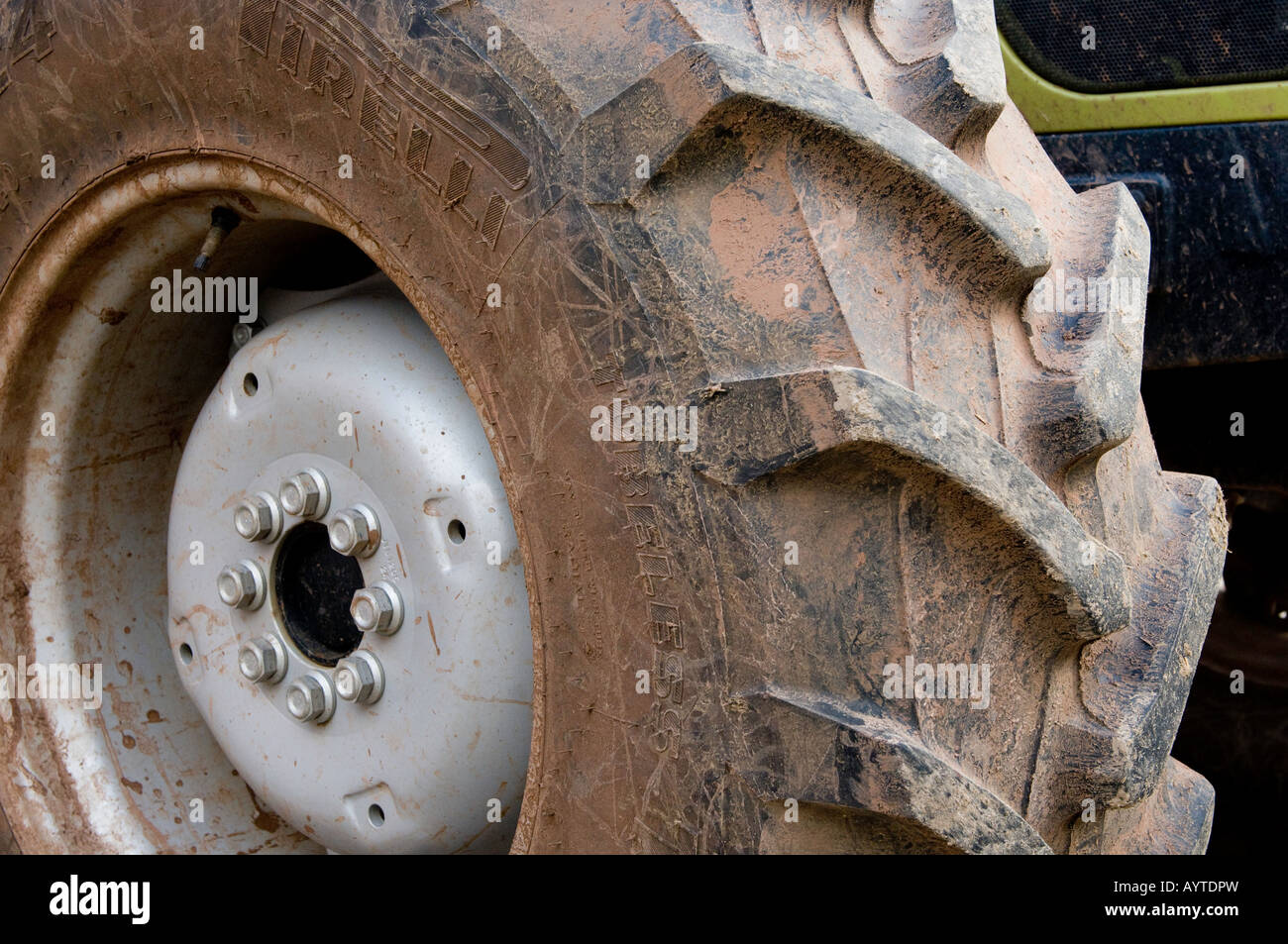 Front tyre on a four wheel drive tractor Stock Photo