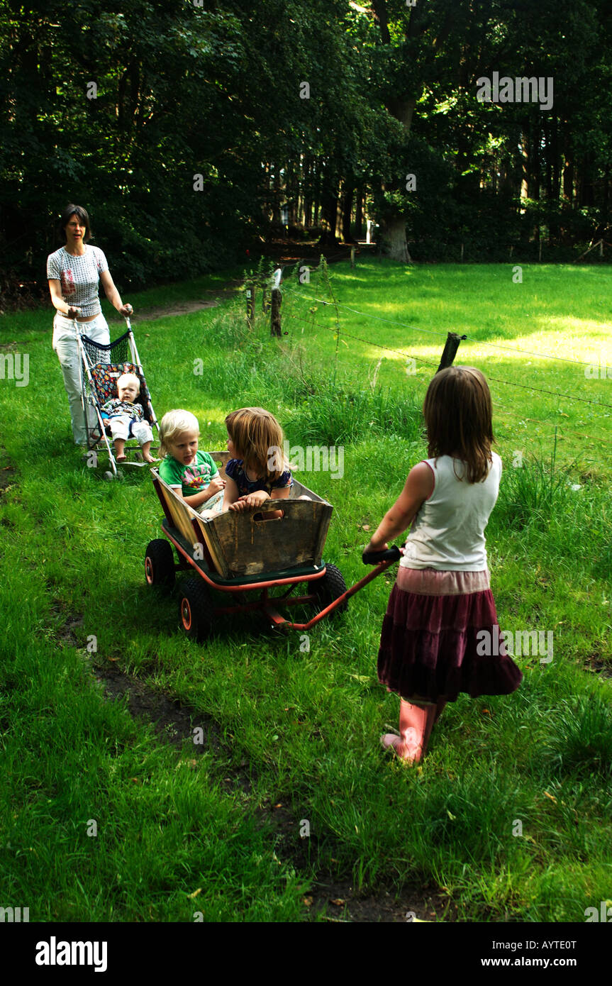 Gelderland Veluwe a family strolling in the forest children in a bolderkar Stock Photo