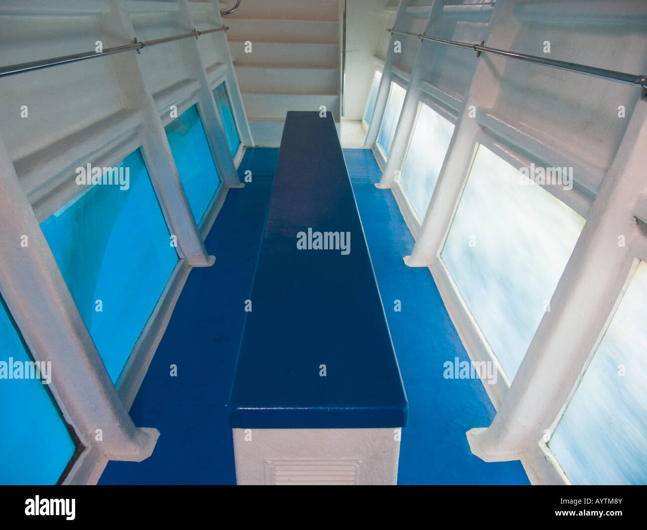 Underwater viewing area of glass bottom catamaran Stock Photo