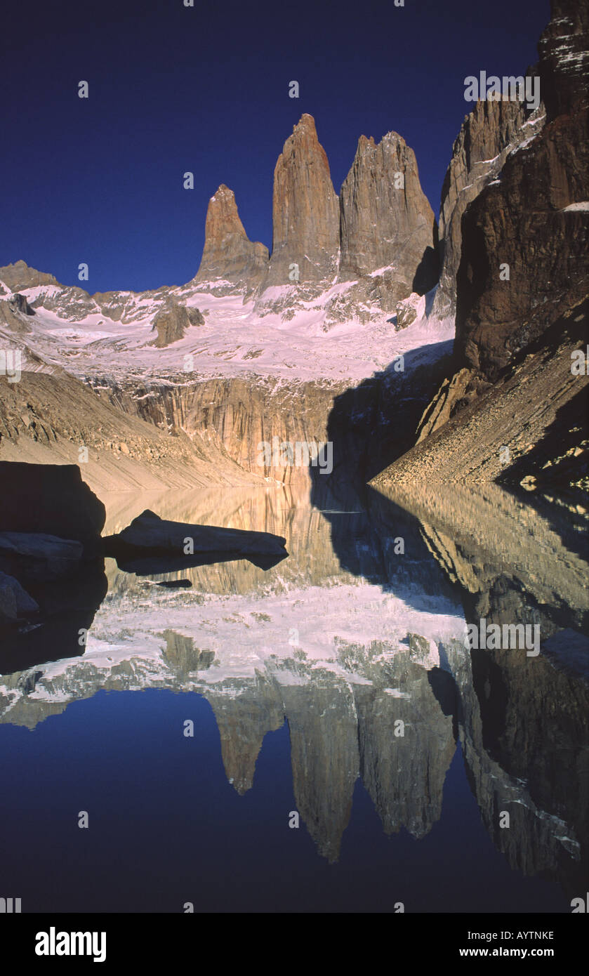 Reflection of the Torres del Paine, Torres del Paine National Park, Patagonia, Chile Stock Photo