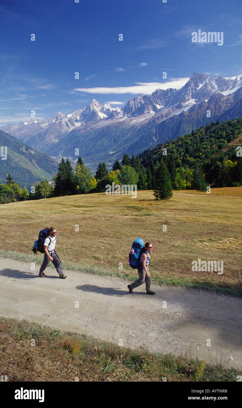 Walkers at the Col de Voza, Tour du Mont Blanc, French Alps, France Stock Photo