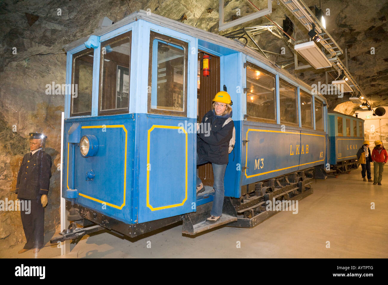 Ancient streetcar in the Gruvmuseum (mining museum) in the LKAB InfoMine of the LKAB iron ore mine at Kiruna/Sweden Stock Photo