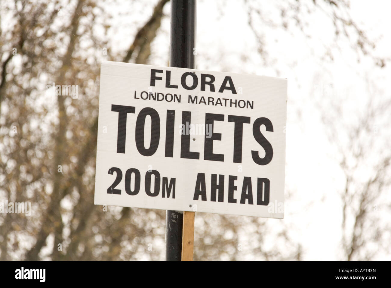 Toilet sign ahead at the London marathon 2008 Stock Photo Alamy