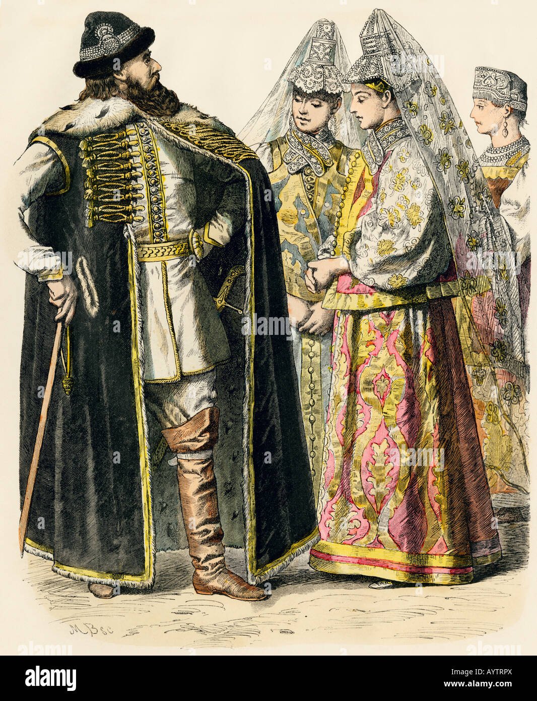 Russian noble and ladies in summer clothing 1700s. Hand-colored print Stock Photo