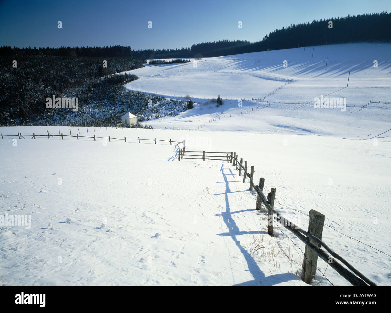 verschneite Winterlandschaft, huegelige Landschaft, Weidenzaun im Schnee, Bad Laasphe-Grossenbach, Wittgensteiner Land, Naturpark Rothaargebirge, Saue Stock Photo