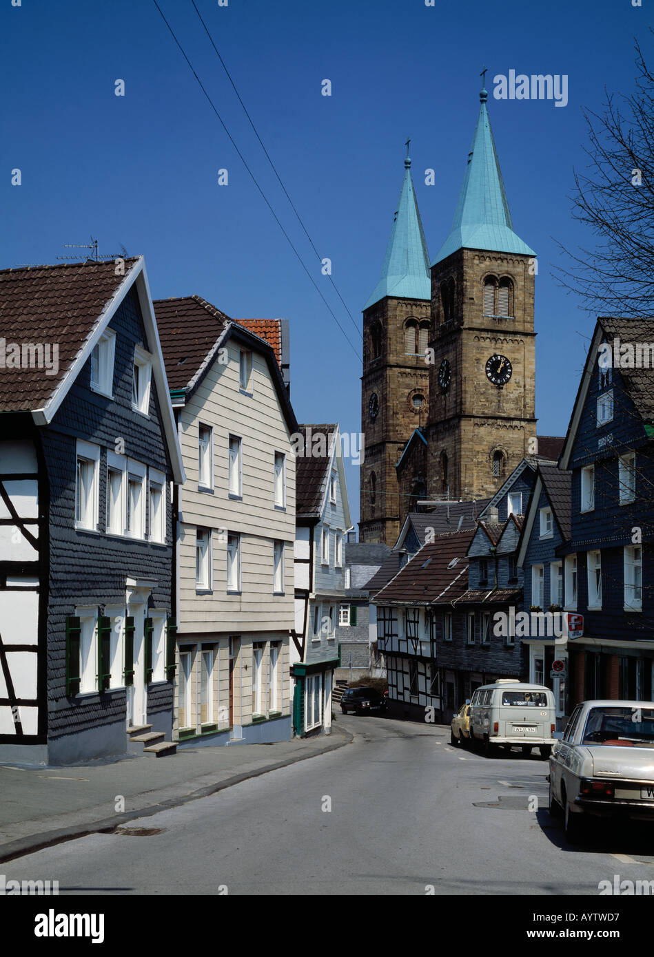 Bergische Haeuser mit Kirche, Schwelm, Ruhrgebiet, Nordrhein-Westfalen Stock Photo