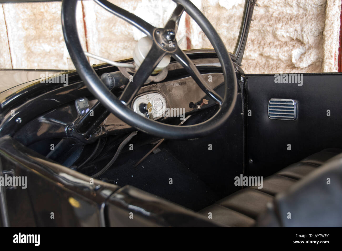Front seat and dash of a 1928 Model T Ford 4-door touring car. Stock Photo