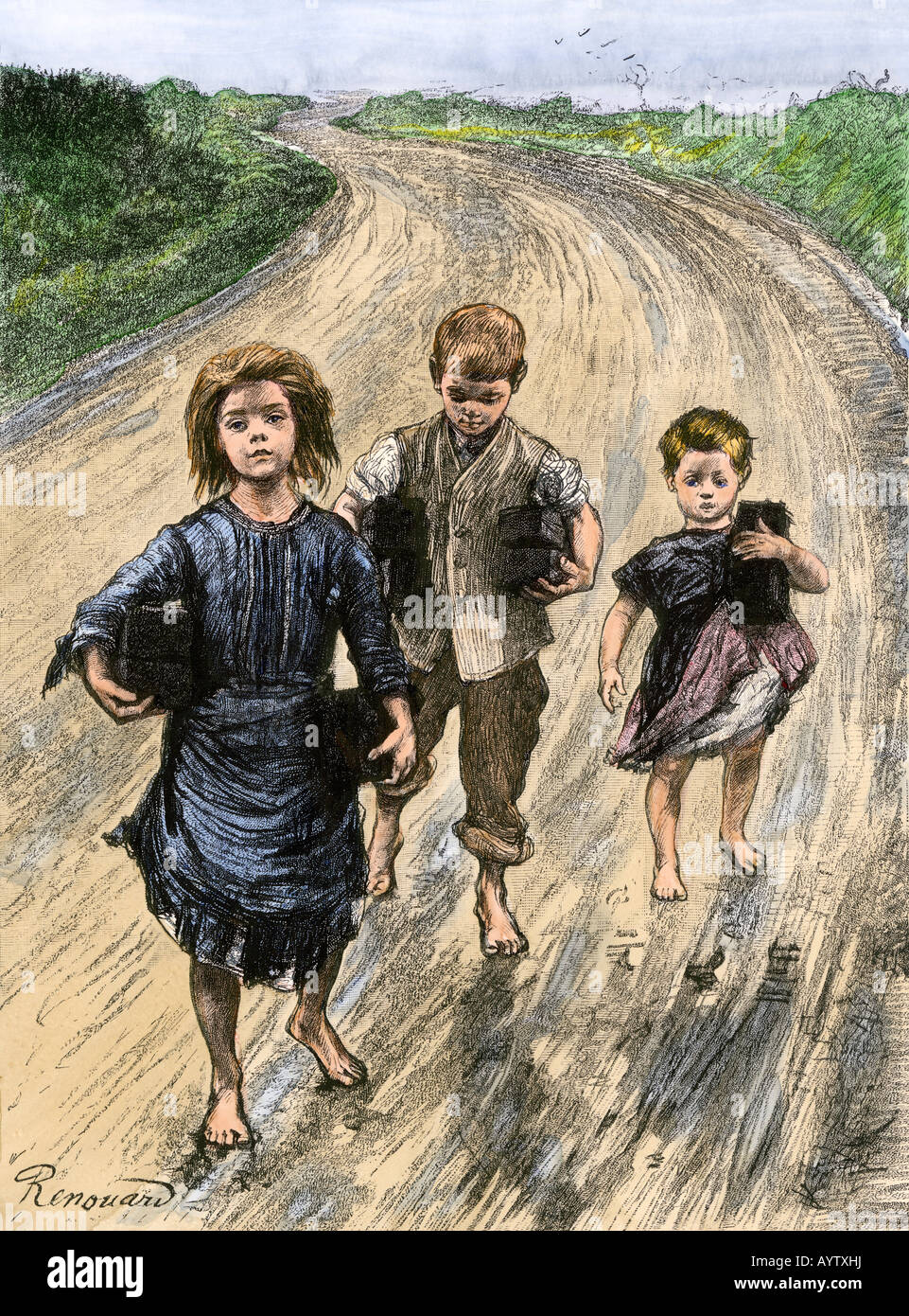 Children in western Ireland carrying peat to pay for their schooling 1800s. Hand-colored woodcut Stock Photo