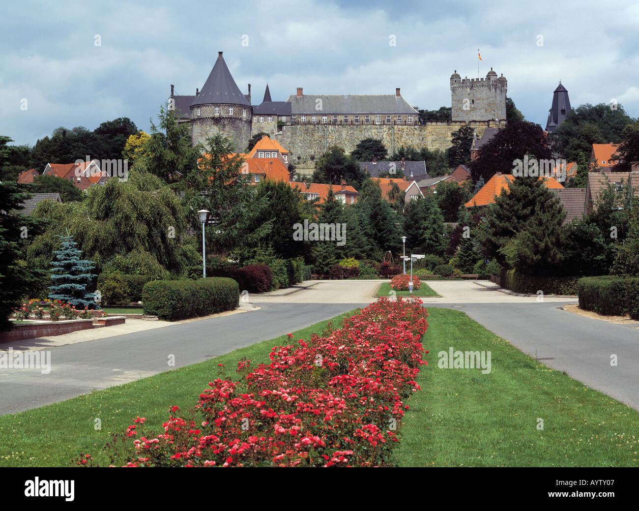 Burganlage, Stadtansicht mit Schloss in Bad Bentheim, Niedersachsen Stock Photo