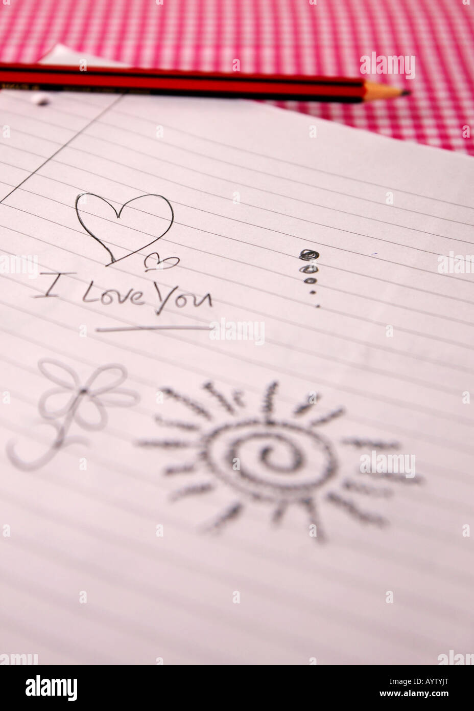 I Love You Doodle on a lined pad, with pencil Stock Photo