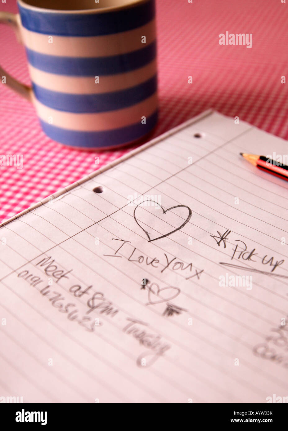 I Love You Doodle on a lined pad, with pencil and retro mug Stock Photo
