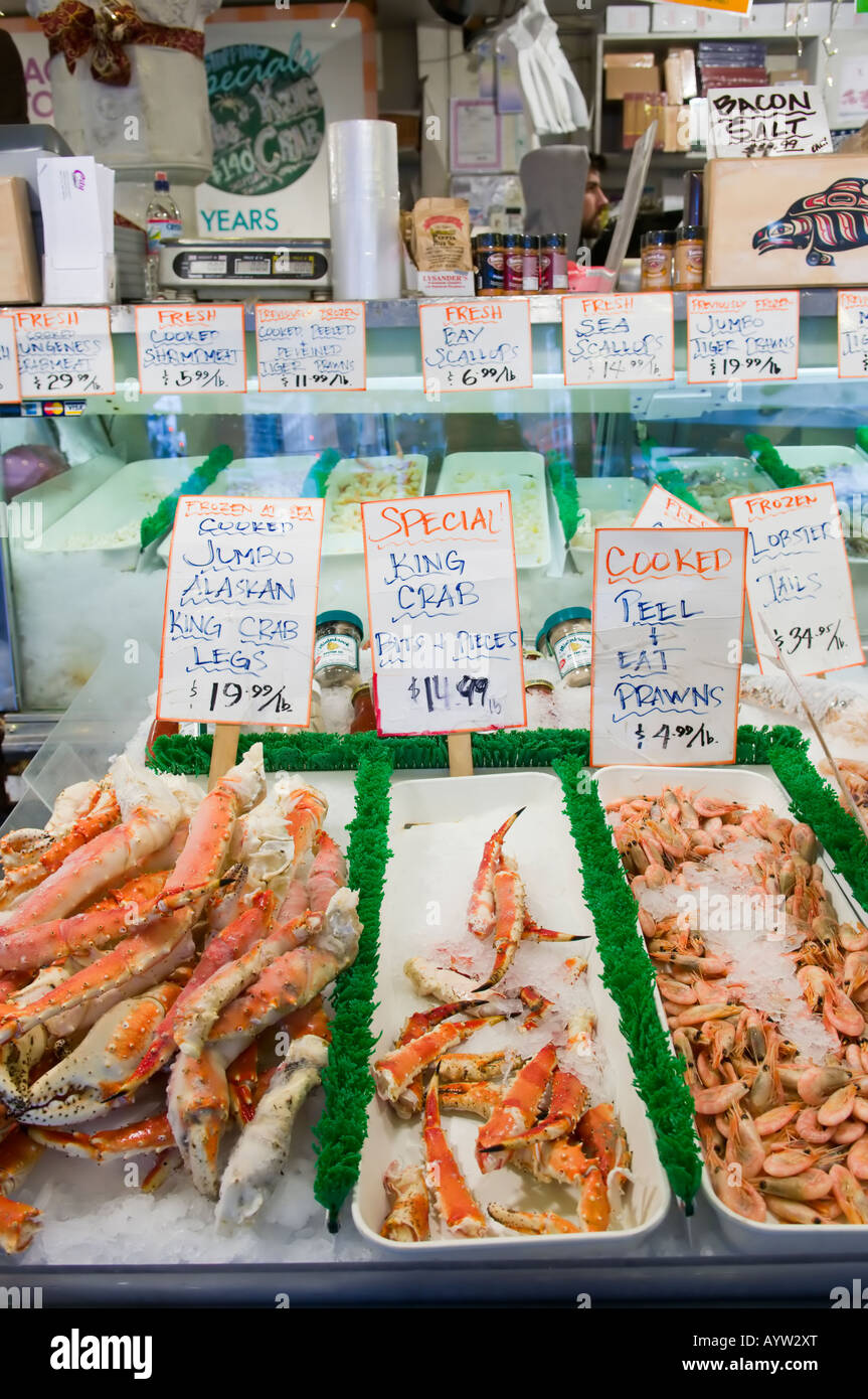 Alaskan king crab and prawns on ice at Pike Place Market in downtown