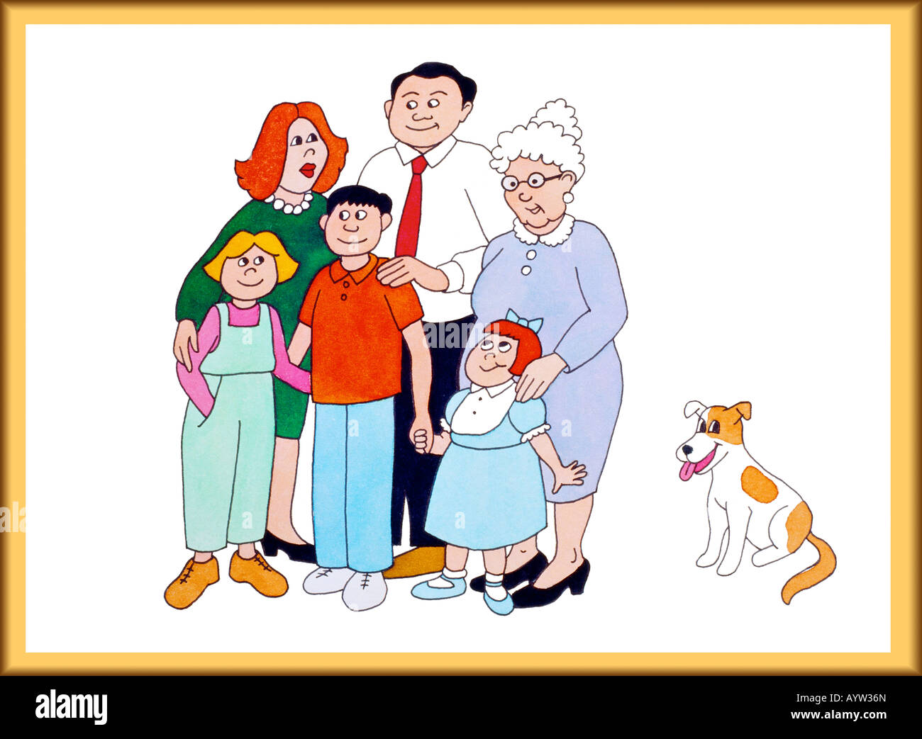 Illustration: latin family: five people and a dog. Stock Photo