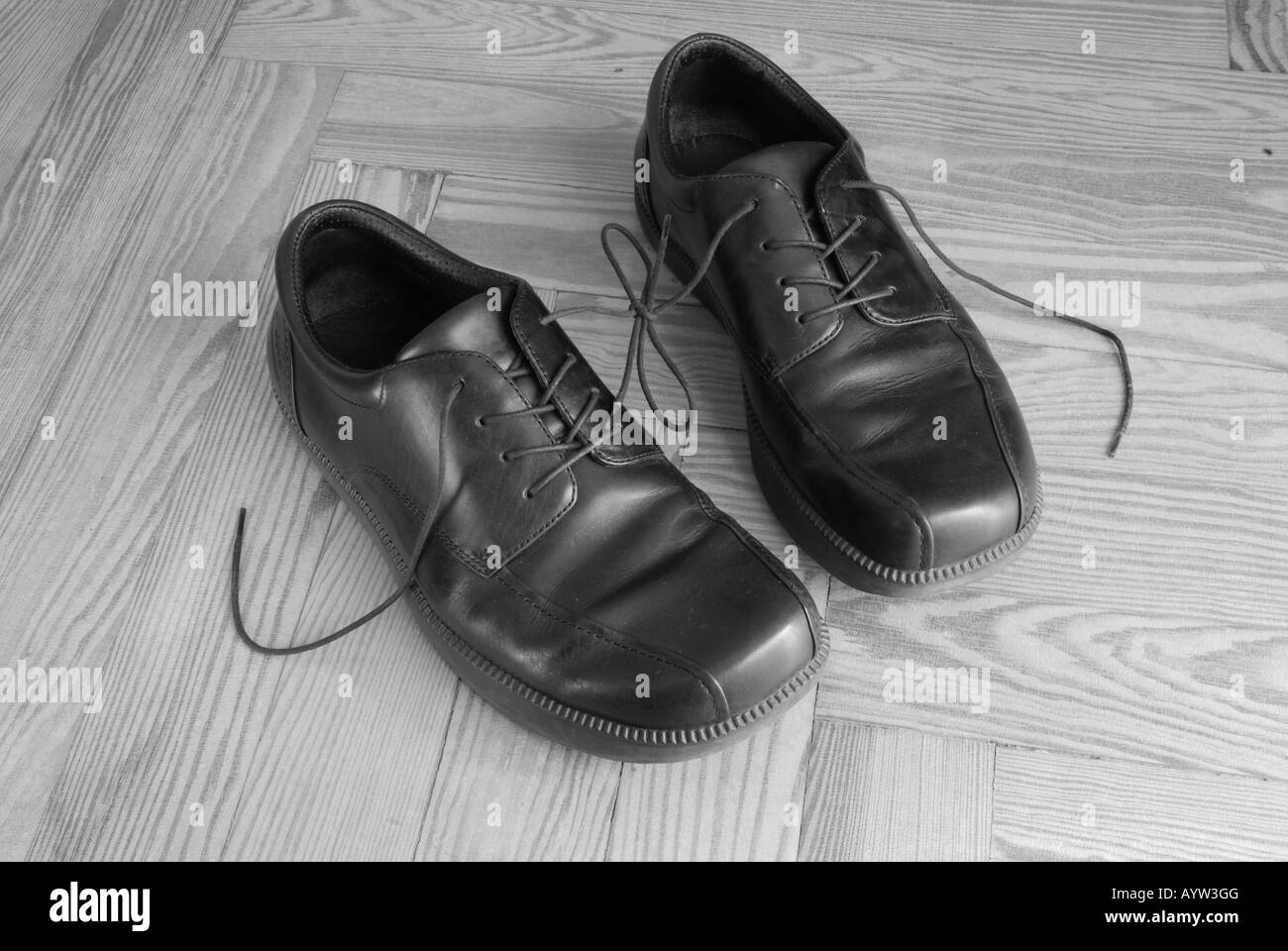 Pair of shoes with their laces tied each other. Black and white. Stock Photo