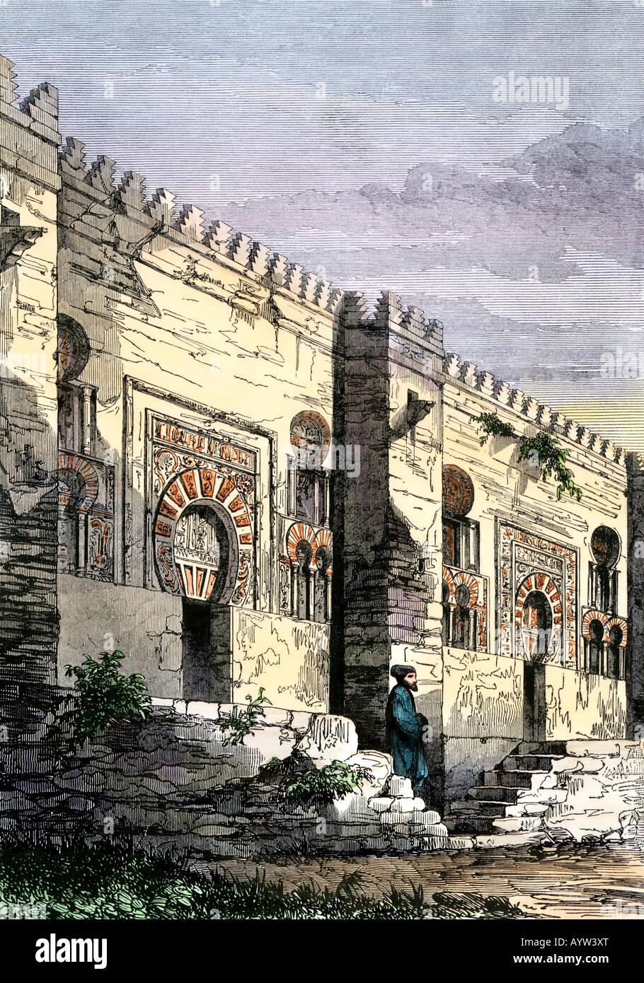 Mosque of Cordova Spain founded by Moorish King Abderahman I about 692. Hand-colored woodcut Stock Photo